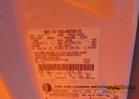 2010 Ford F-150 Fx4/Harley-Davidson/King Ranch/Lariat/Platinum/Xl/Xlt z USA, uszkodzony, nr VIN 1FTFW1EV2AFC57162